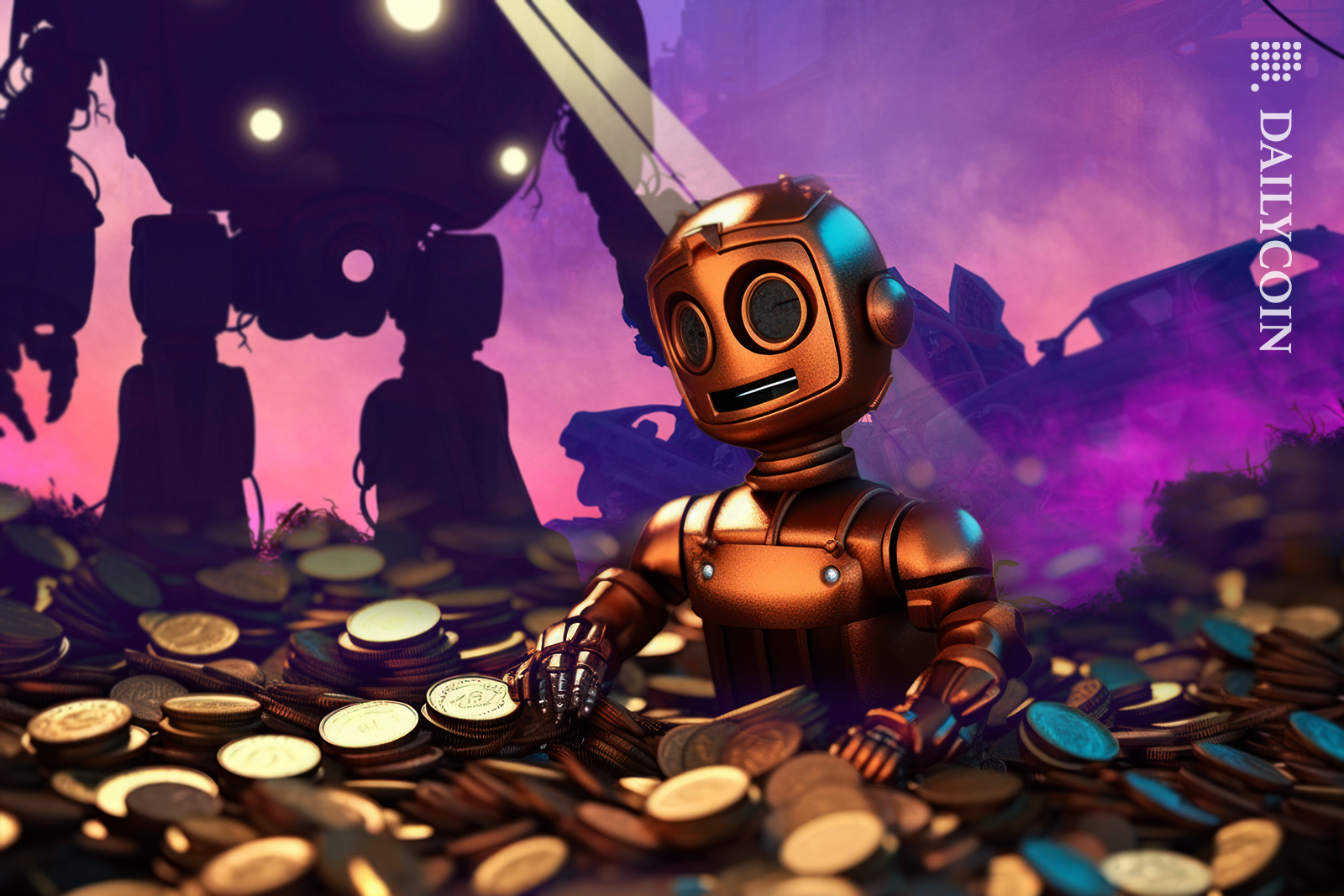 Little robot in a pile of coins.