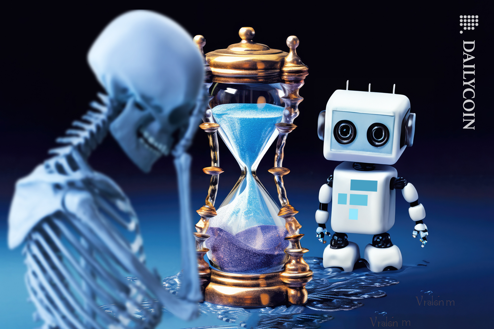 Sad little FTX robot watching the last bit of sand clock go down, the skeleton cant't even watch.