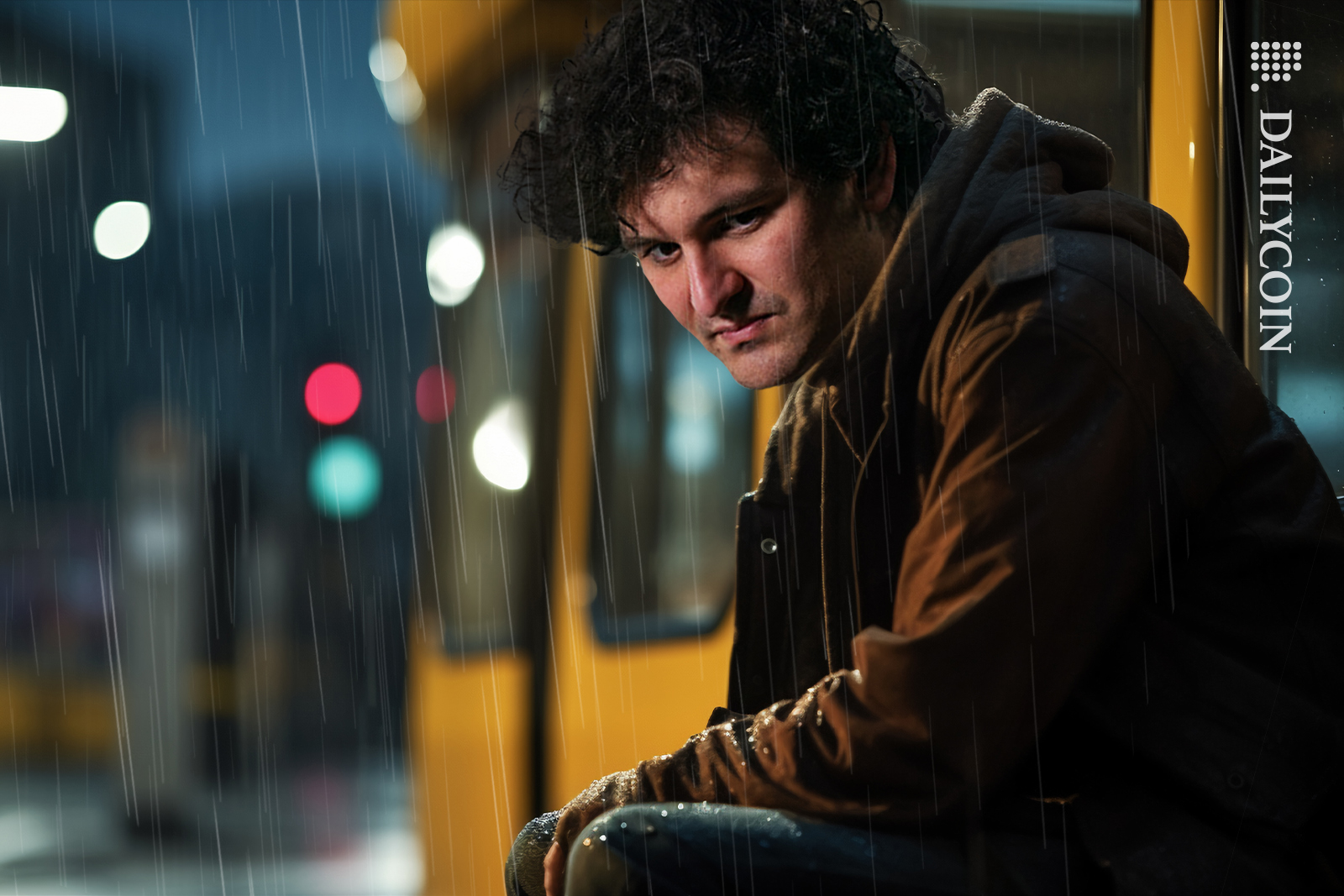 Sam Bankman-Fried sitting lonely and sad in the rain.