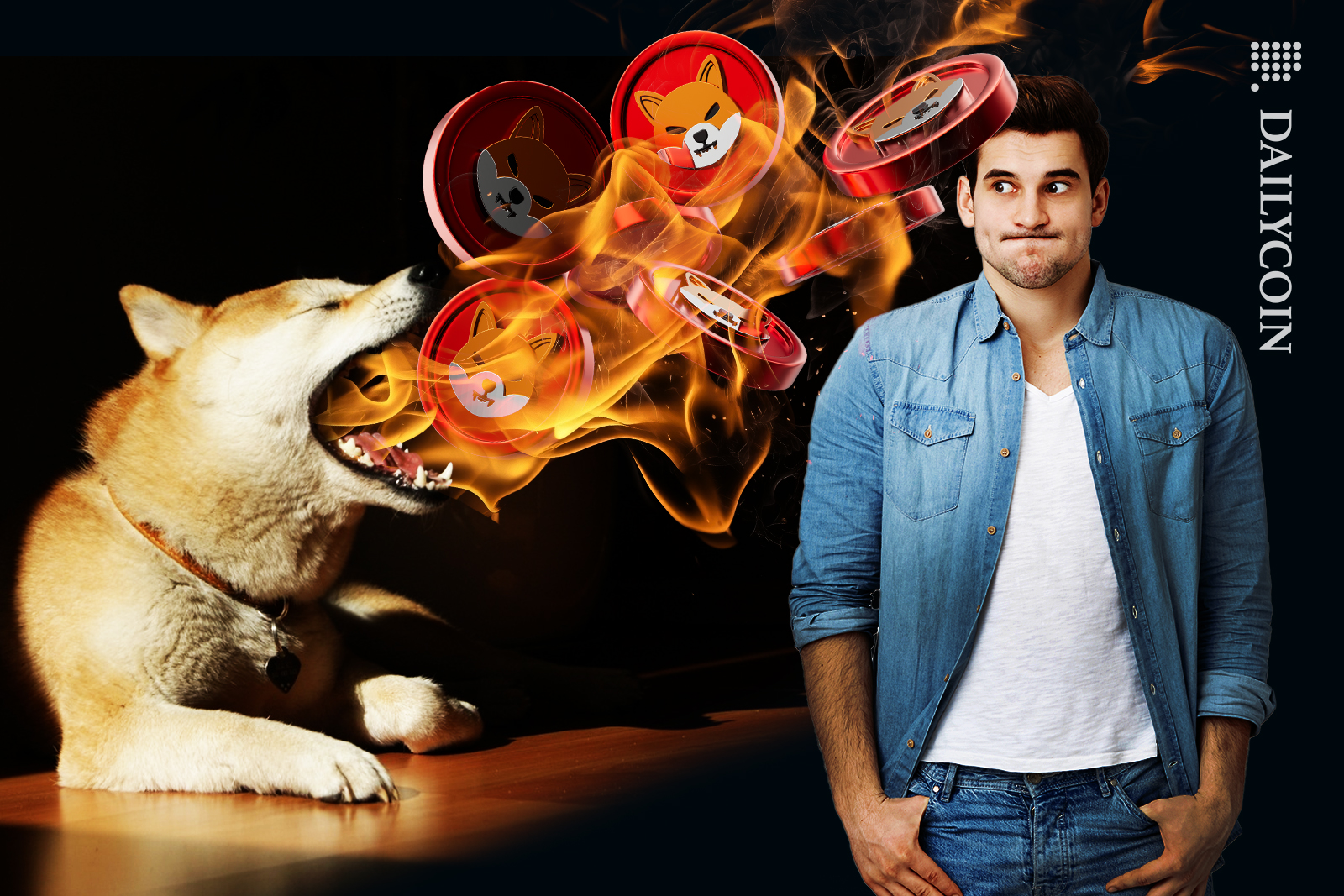 Shiba inu firebreathing on SHIB coins, man is worried.