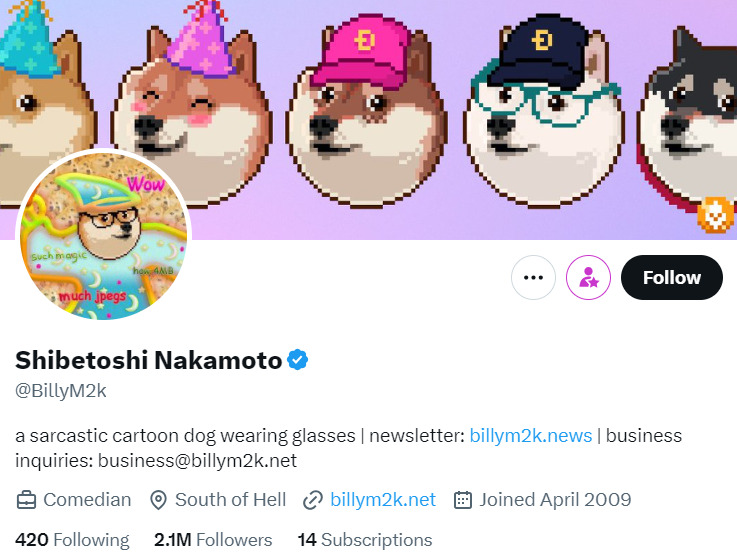 Dogecoin influencer Billy Markus X profile.