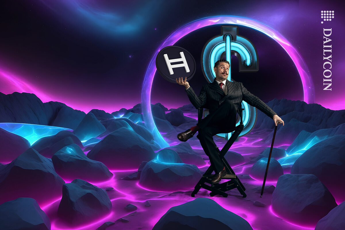 Studio director holding Hedera (HBAR) coin in a Stablecoin land.