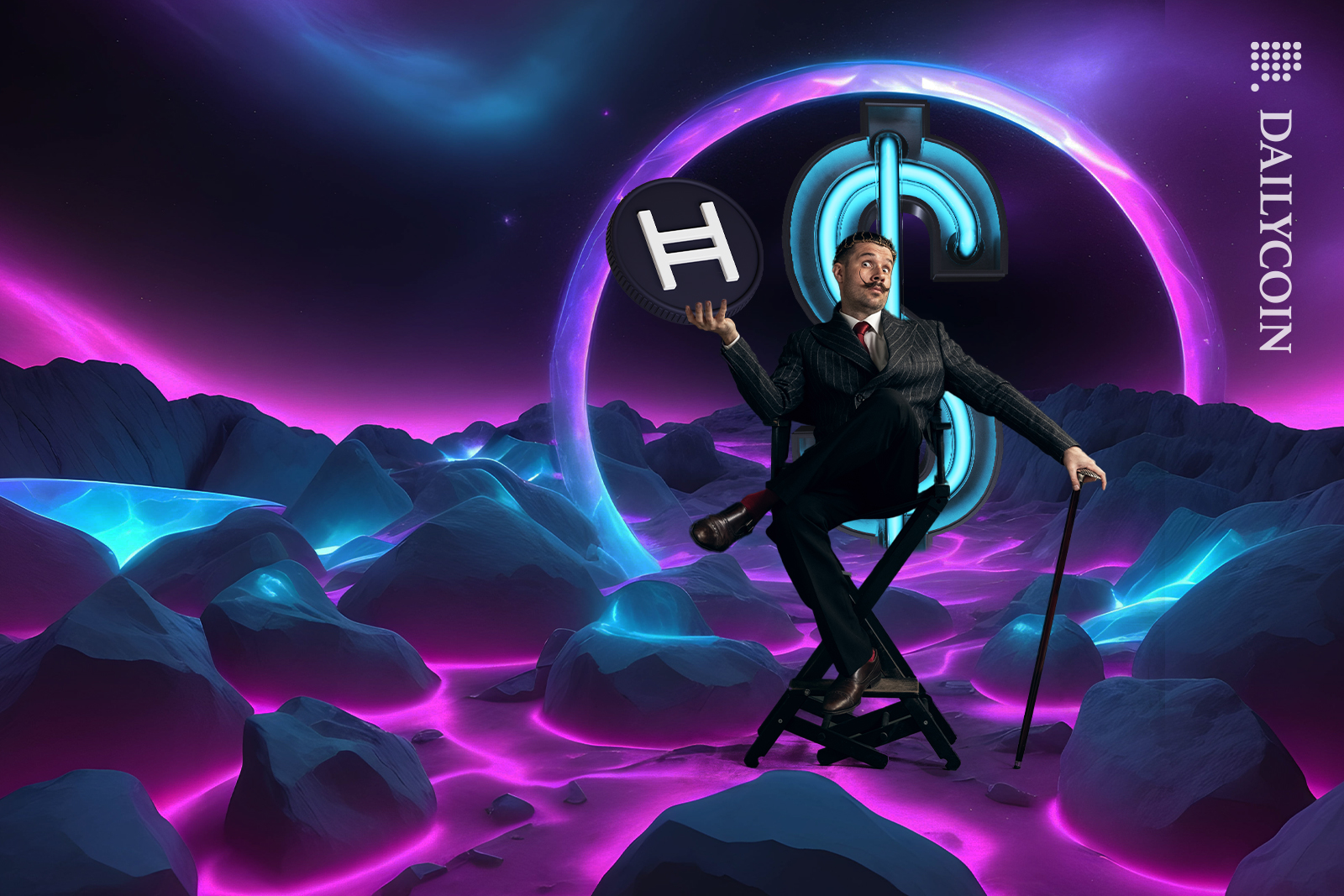 Studio director holding Hedera (HBAR) coin in a Stablecoin land.