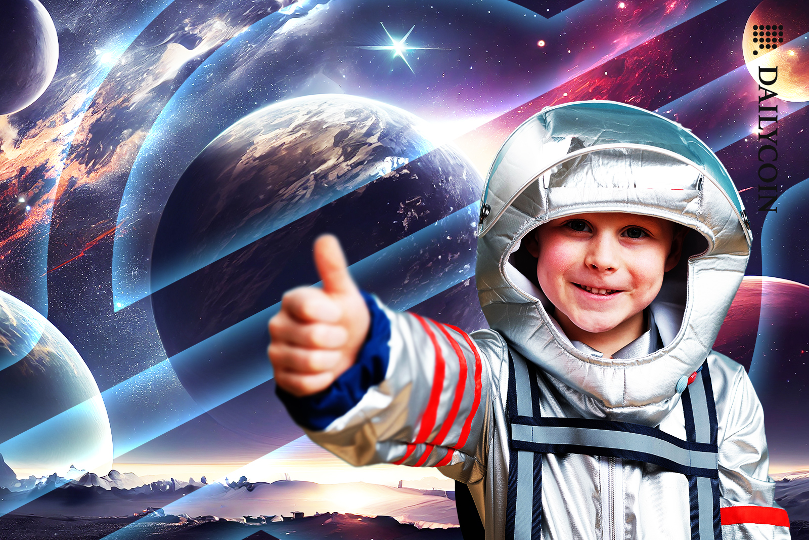 Astronaut boy showing thumbs up in Stellar (XLM) land.