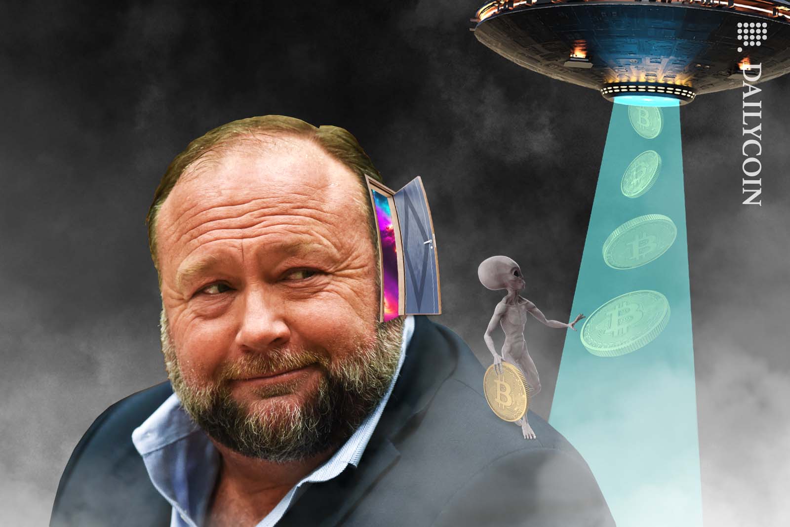 Alex Jones looking over his shoulder as an alien steals bitcoins from his head through a door.