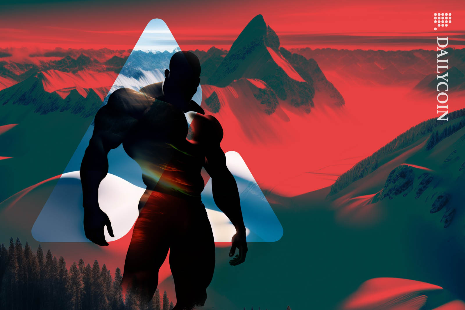 Big powerful human figure in front of snowy mountain range and an Avalance logo.