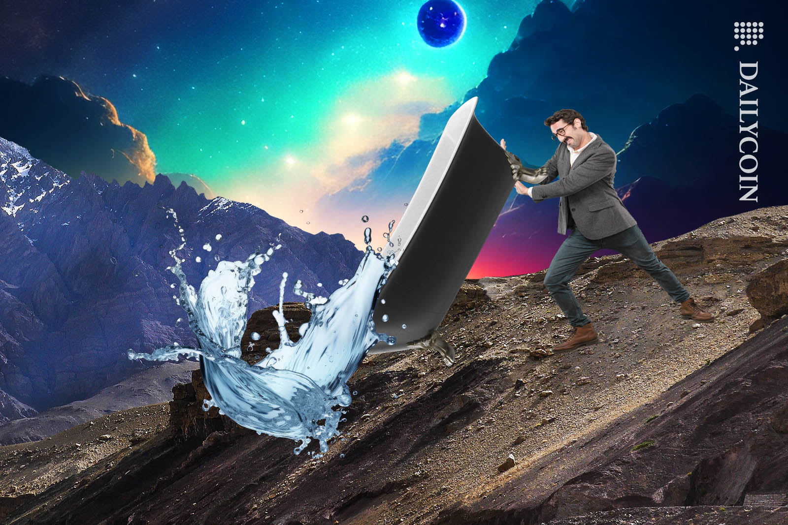 Man pooring water out of a bathtub on a montain.