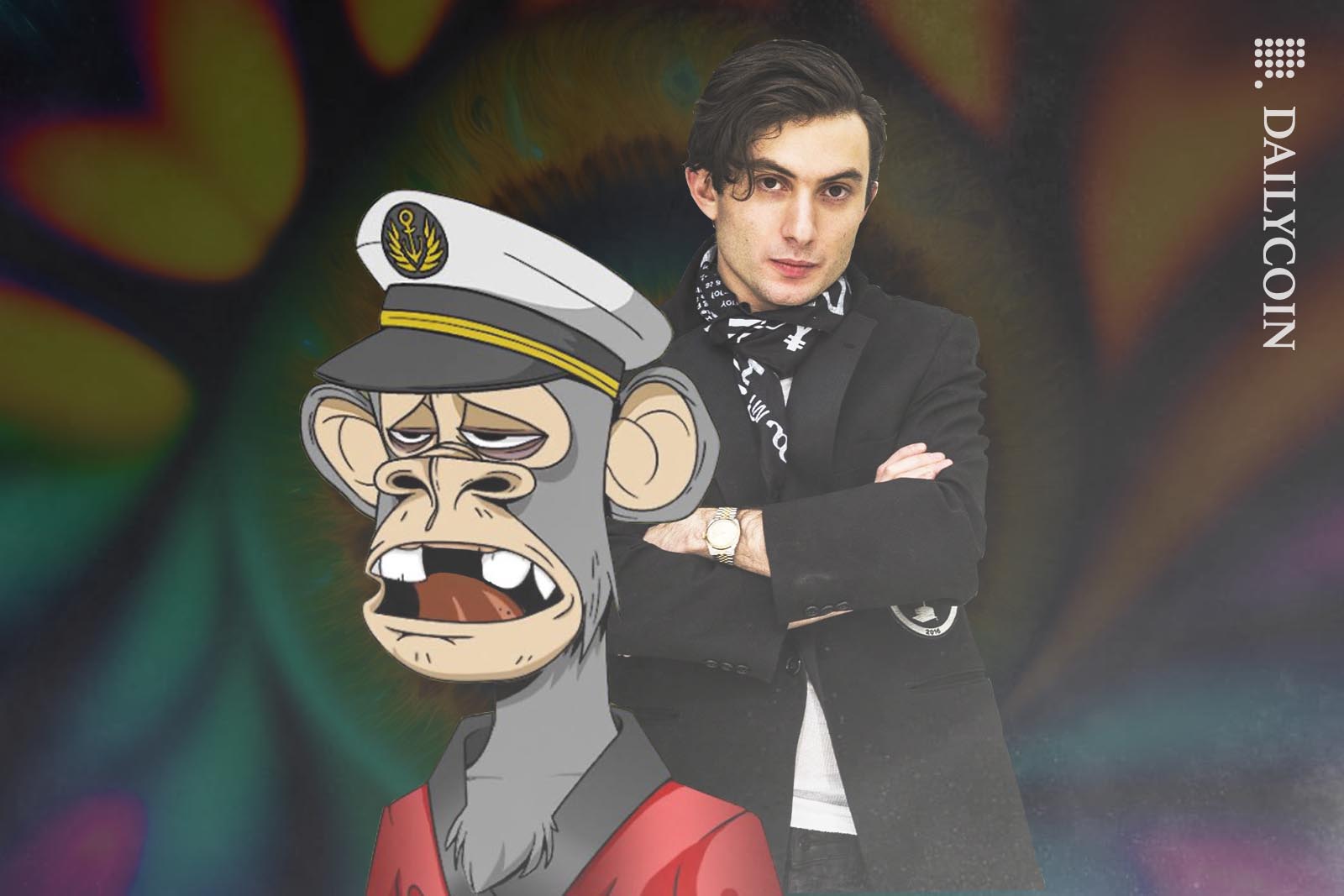 Ryder Ripps standing behind a bored ape.
