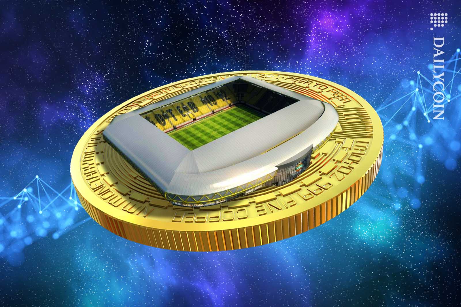 A football stadium on the back of a bitcoin floating in space.