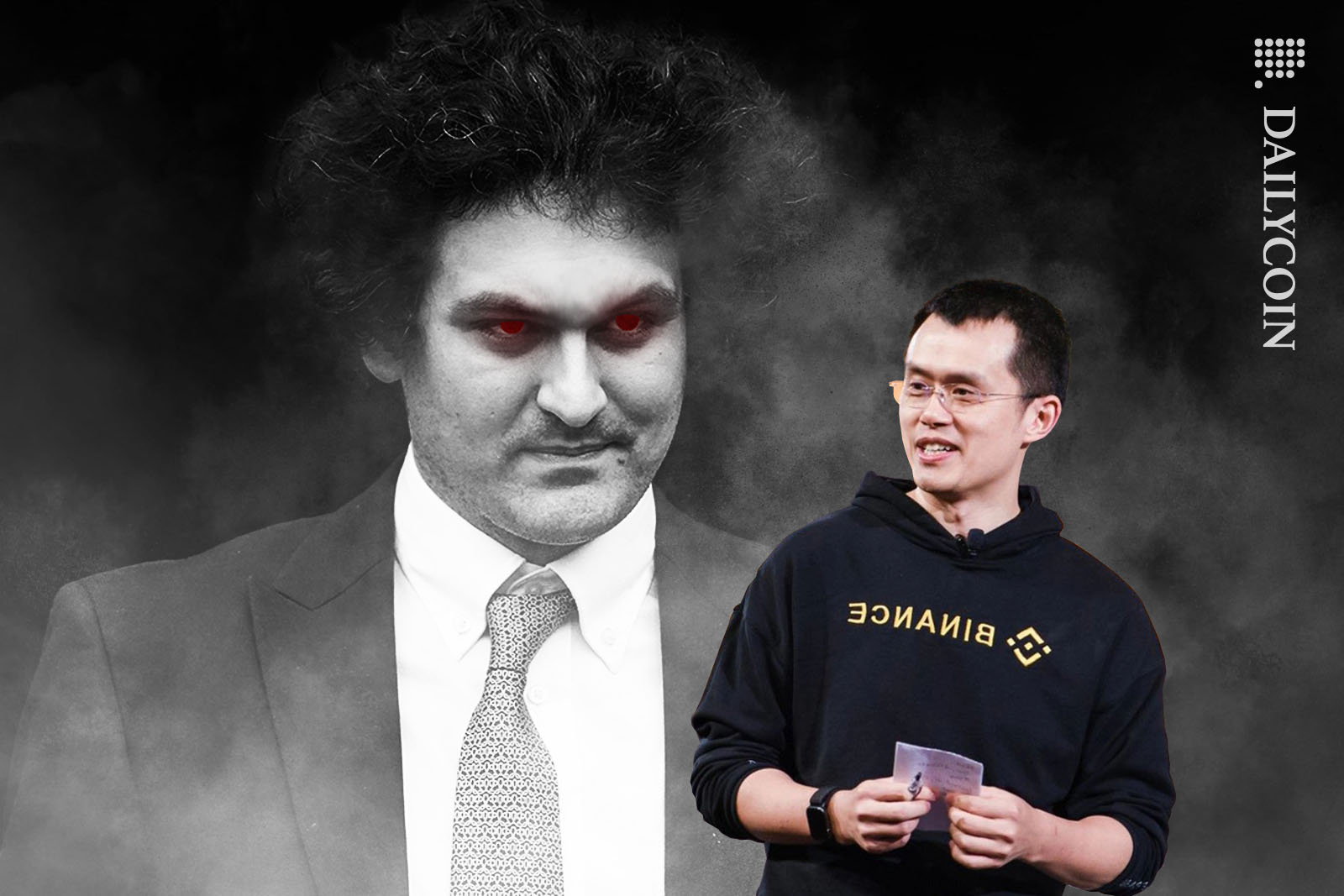 Sam Bankman Fried staring at CZ from behind with red glowing eyes.