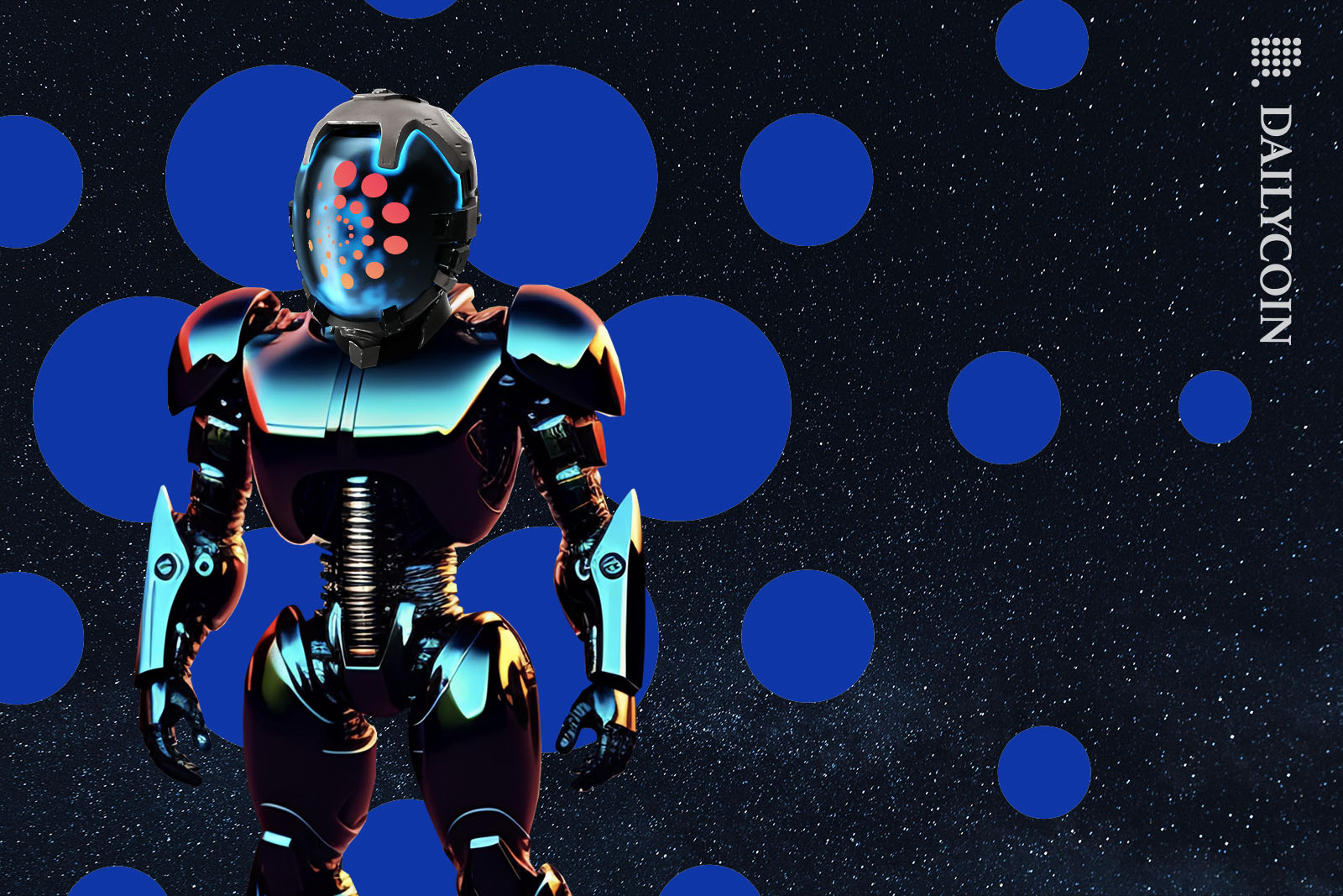 Shiny robot posing infront of a huge Cardano logo.