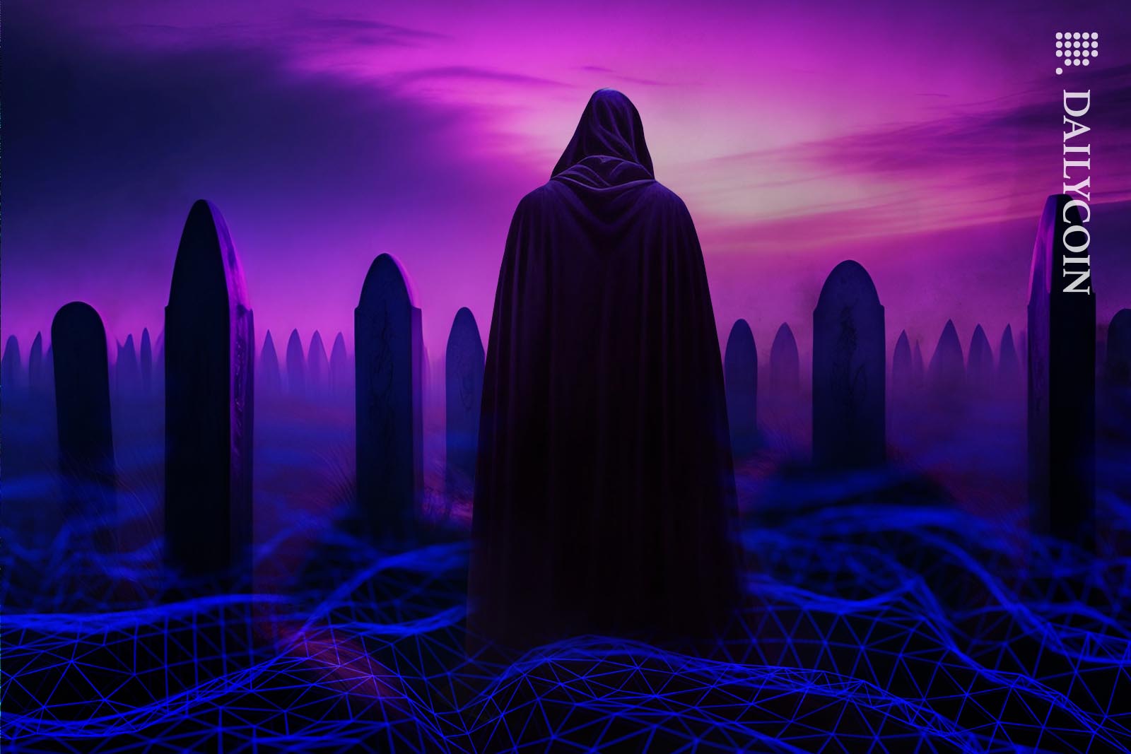 Crypto death walking through a creepy cemetery.