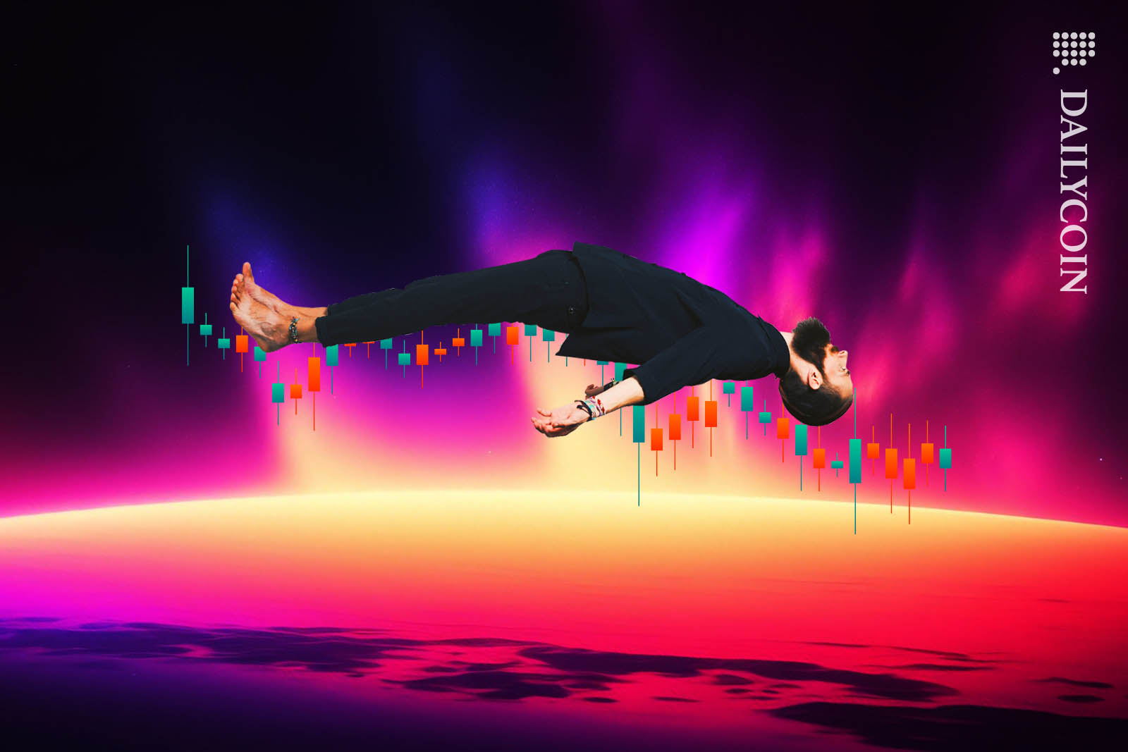 Hypster looking man laying on his back on a downward candlestick chart.