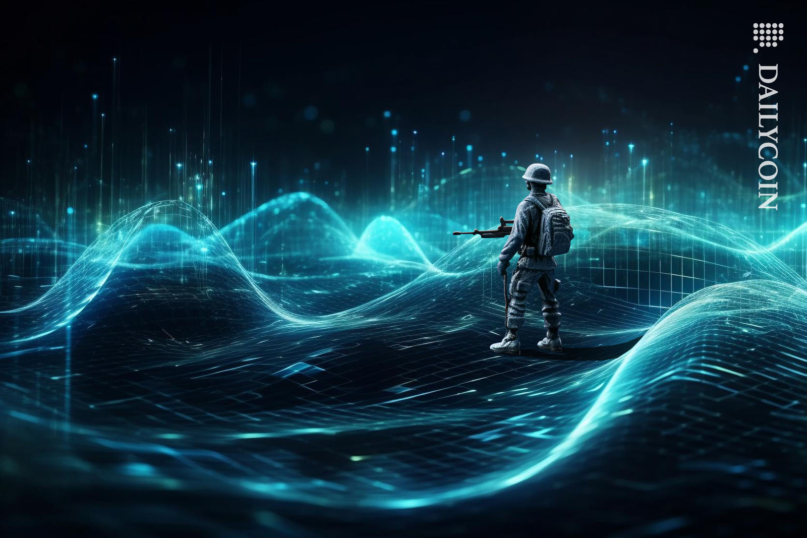 Soldier standing on a digital battleground.