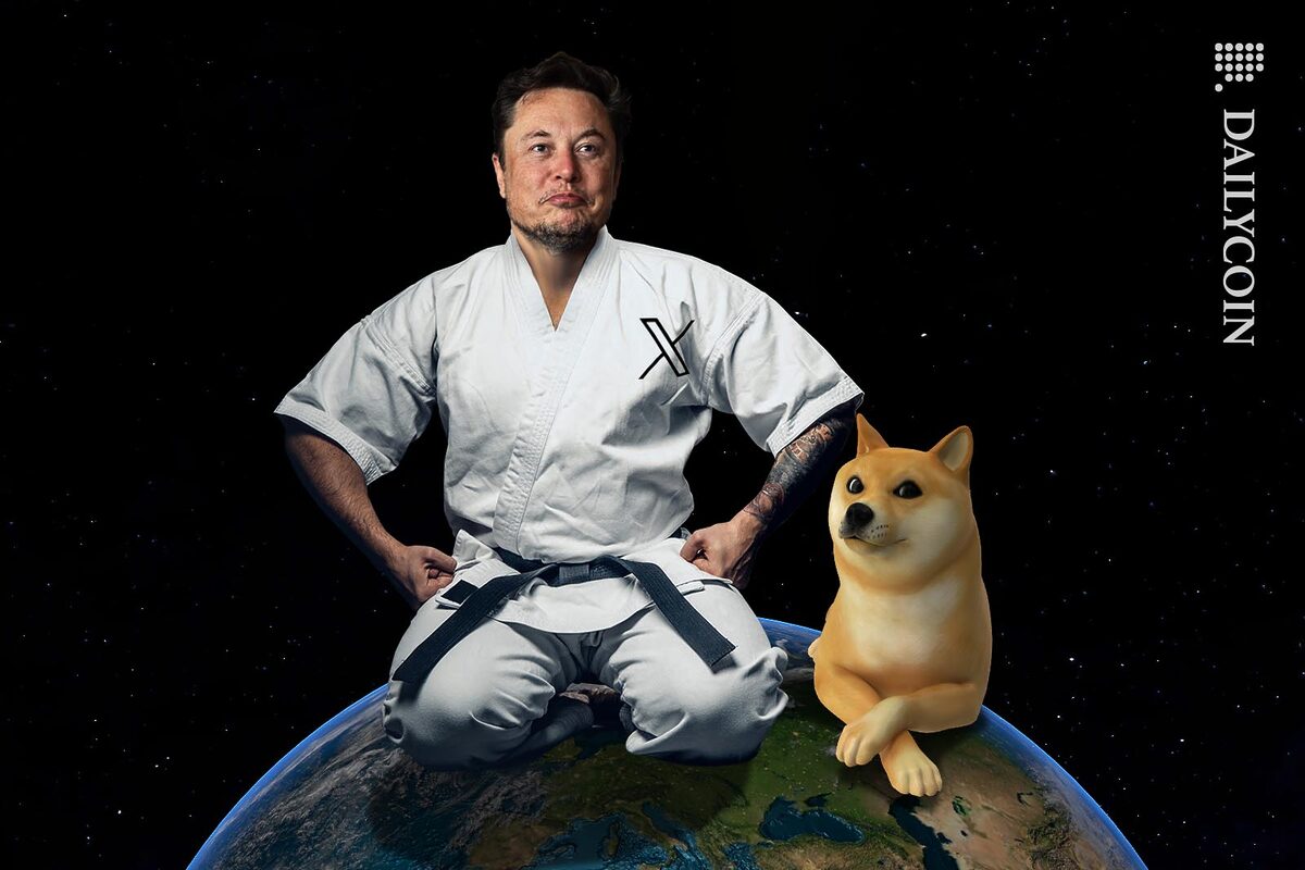 Elon Musk is ready for fight, sitting on top of our planet in karate uniform accompanied by the DOGE, the mascot of Dogecoin