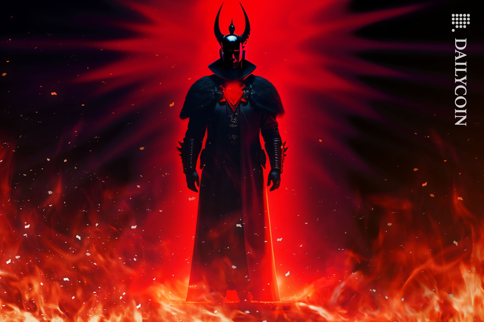 Devilish looking villain emerging from fire.