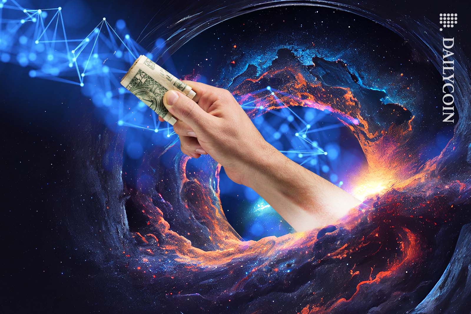 A hand with dollars reaching out from a galaxy.