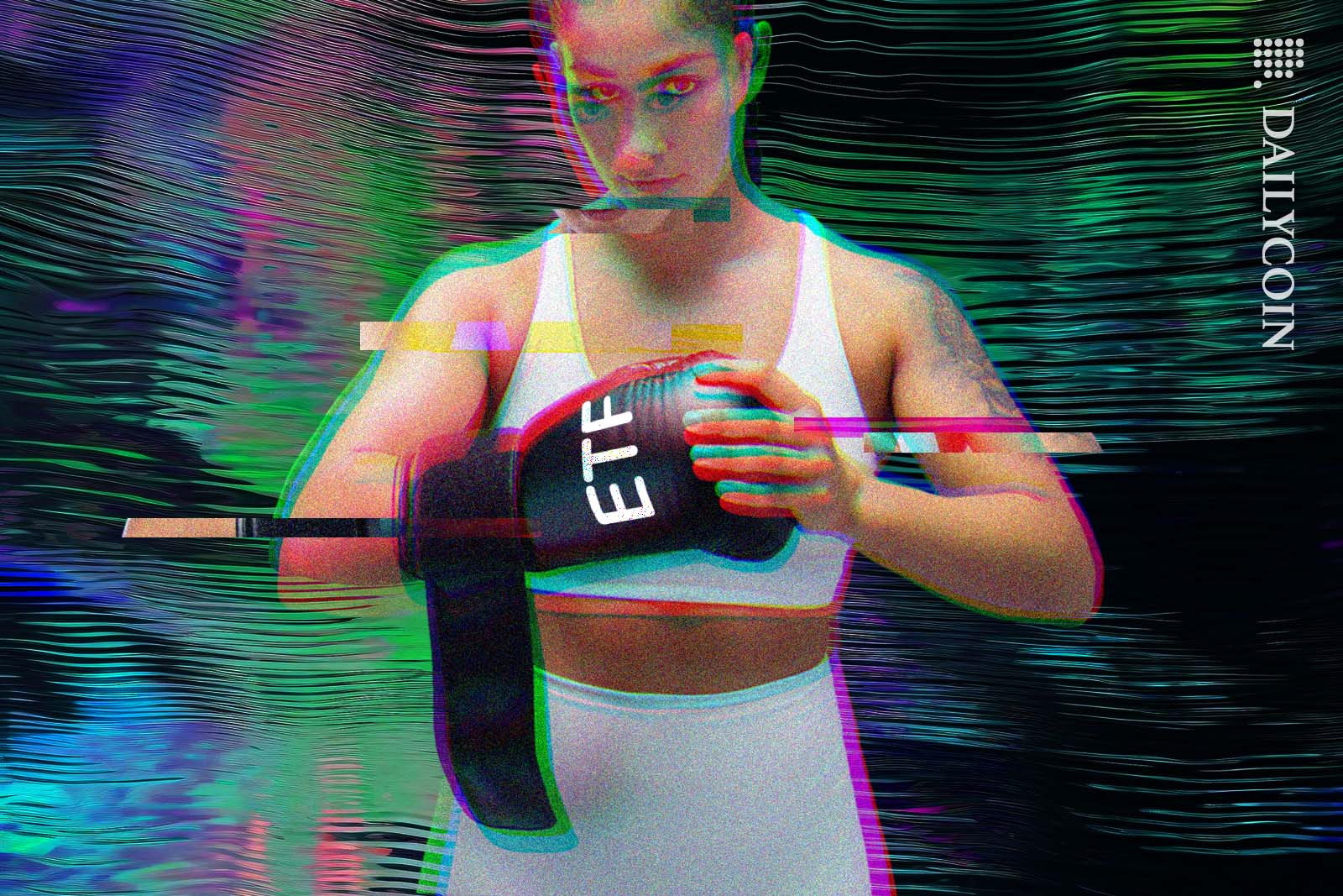 Boxer girl with ETF gloves on staring at the camera.