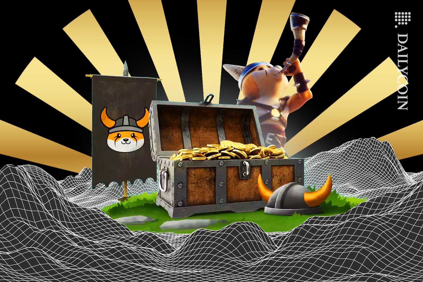 Floki inu blowing a horn behind a case of golden coins.