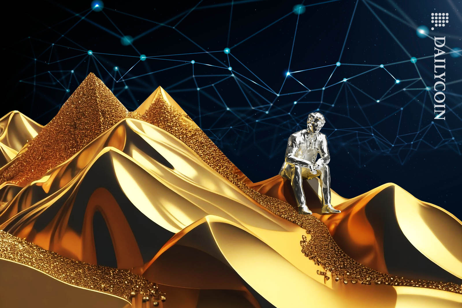 Silver man resting on a mountain range on his way down.