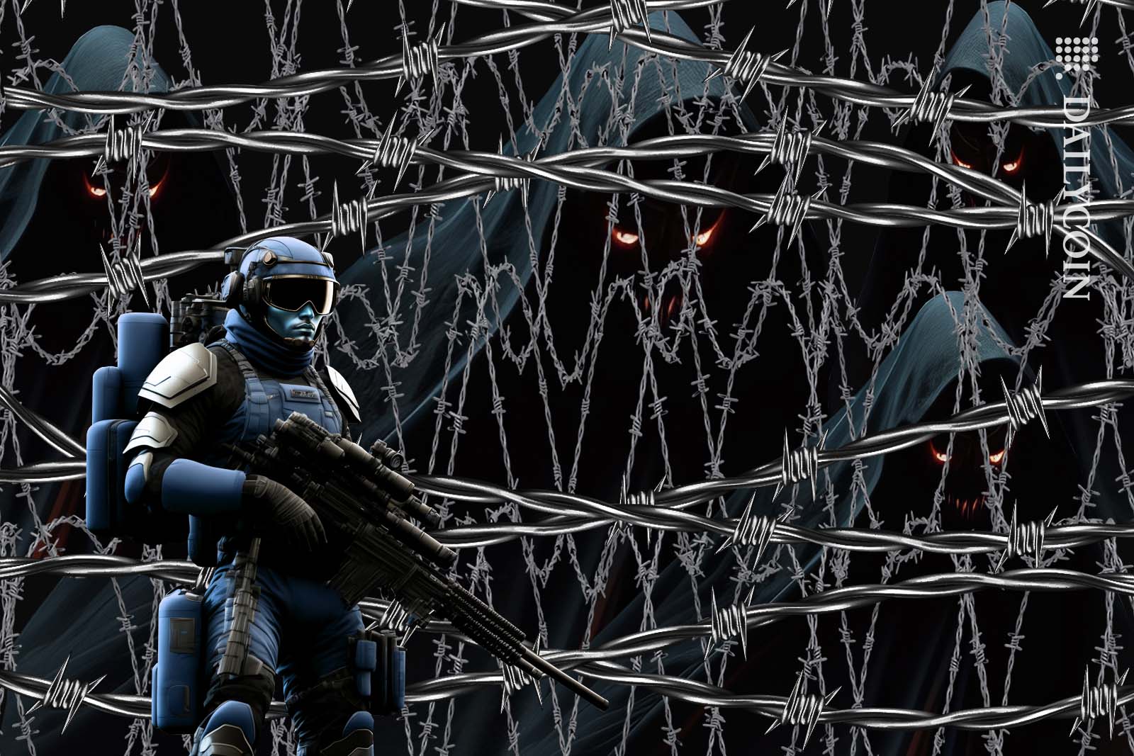 Lot's of creepy looking characters behind barbed wire and a fully armed security guard.