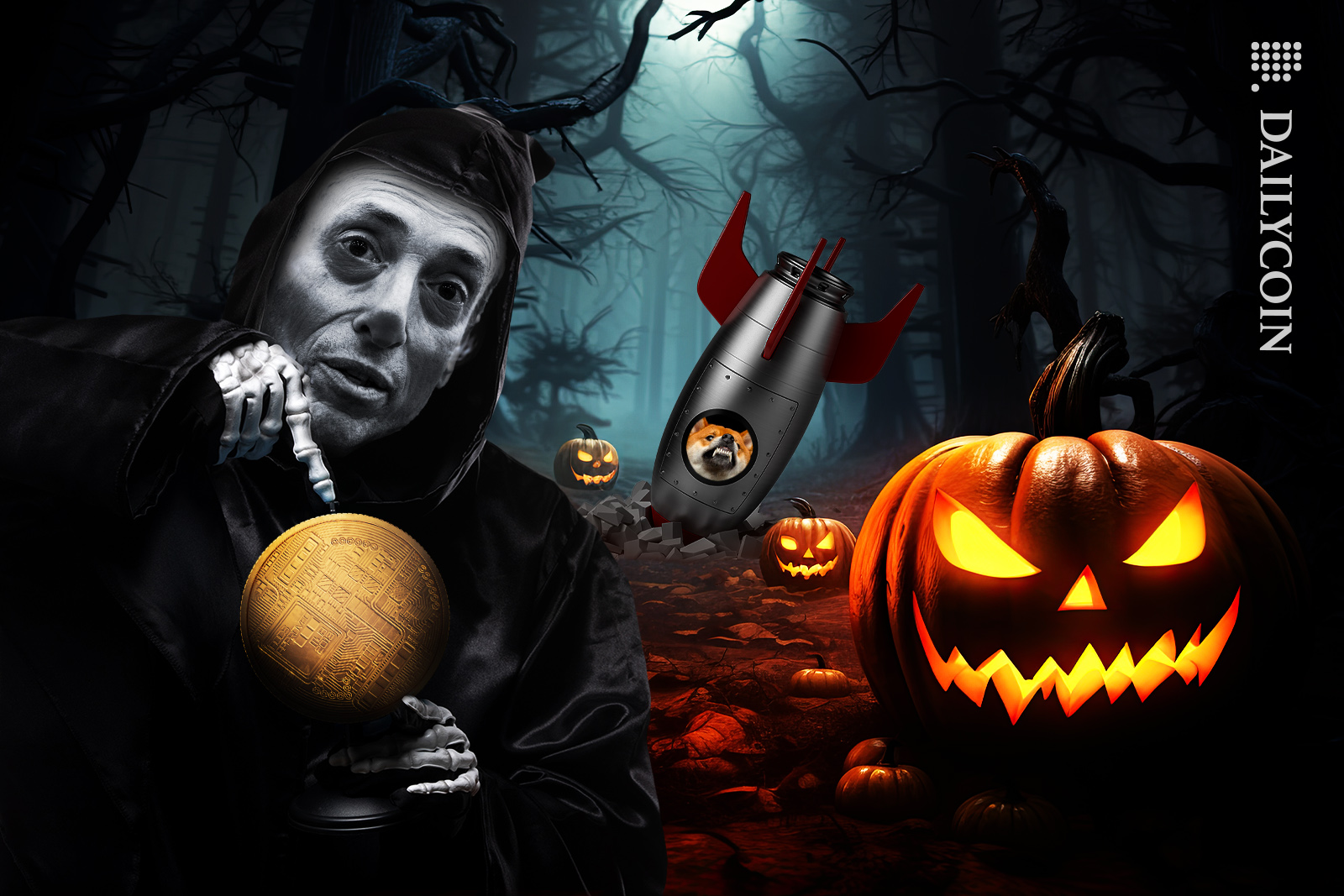 Gary Gensler dressed as Grim Reaper pointing at the next coin to kill. Shiba Inu's Rocket crashed in a scary halloween pumpkin forest.