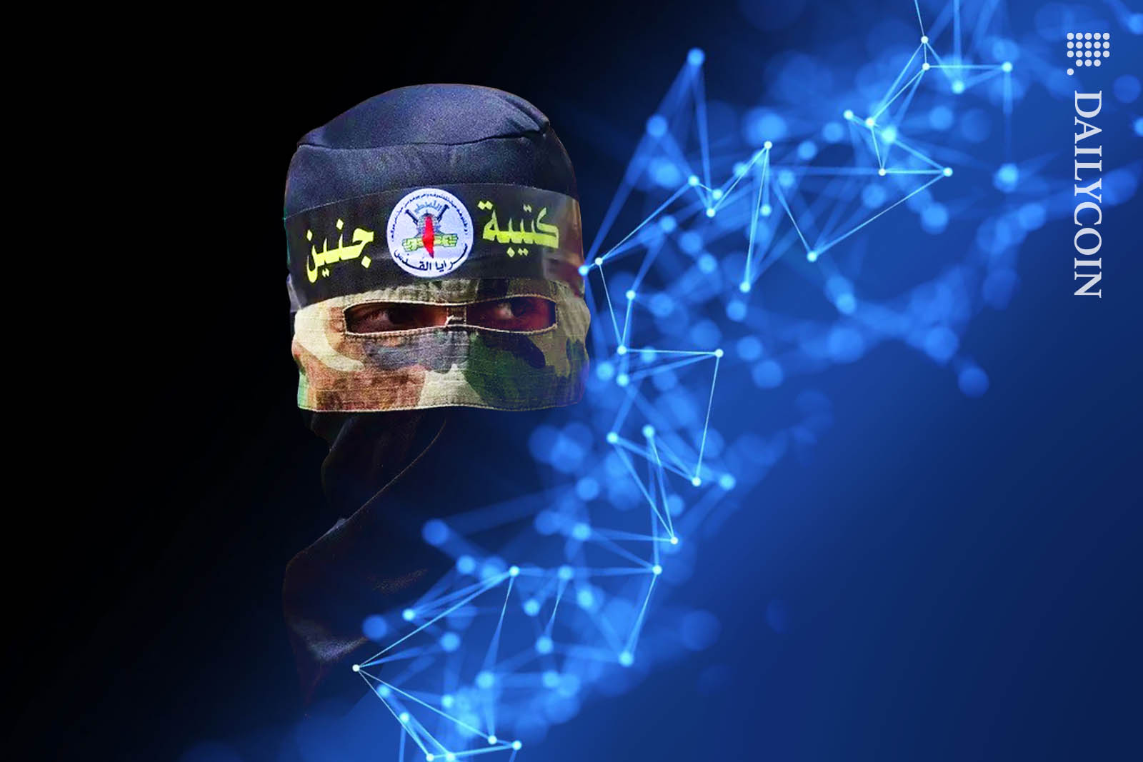Hamas soldier looking back at blockchain behind him.