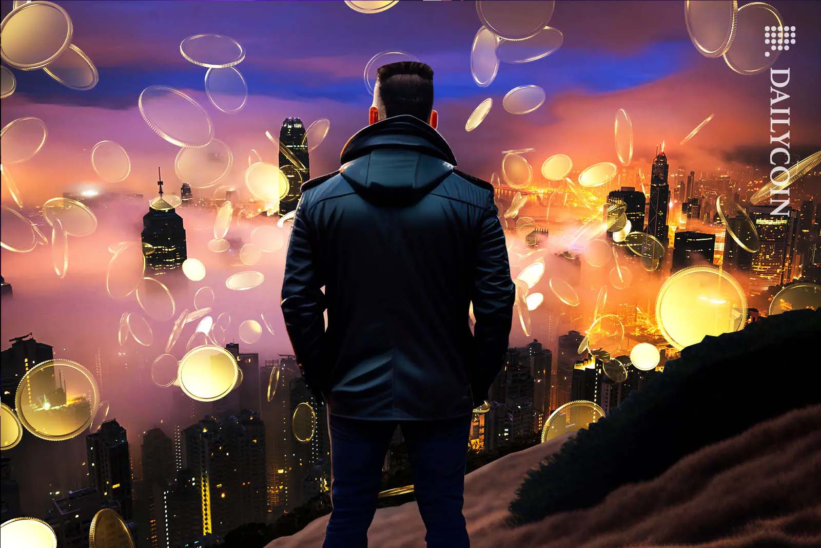 Man looking at the skyline of Hong Kong with lots of coins floating around.
