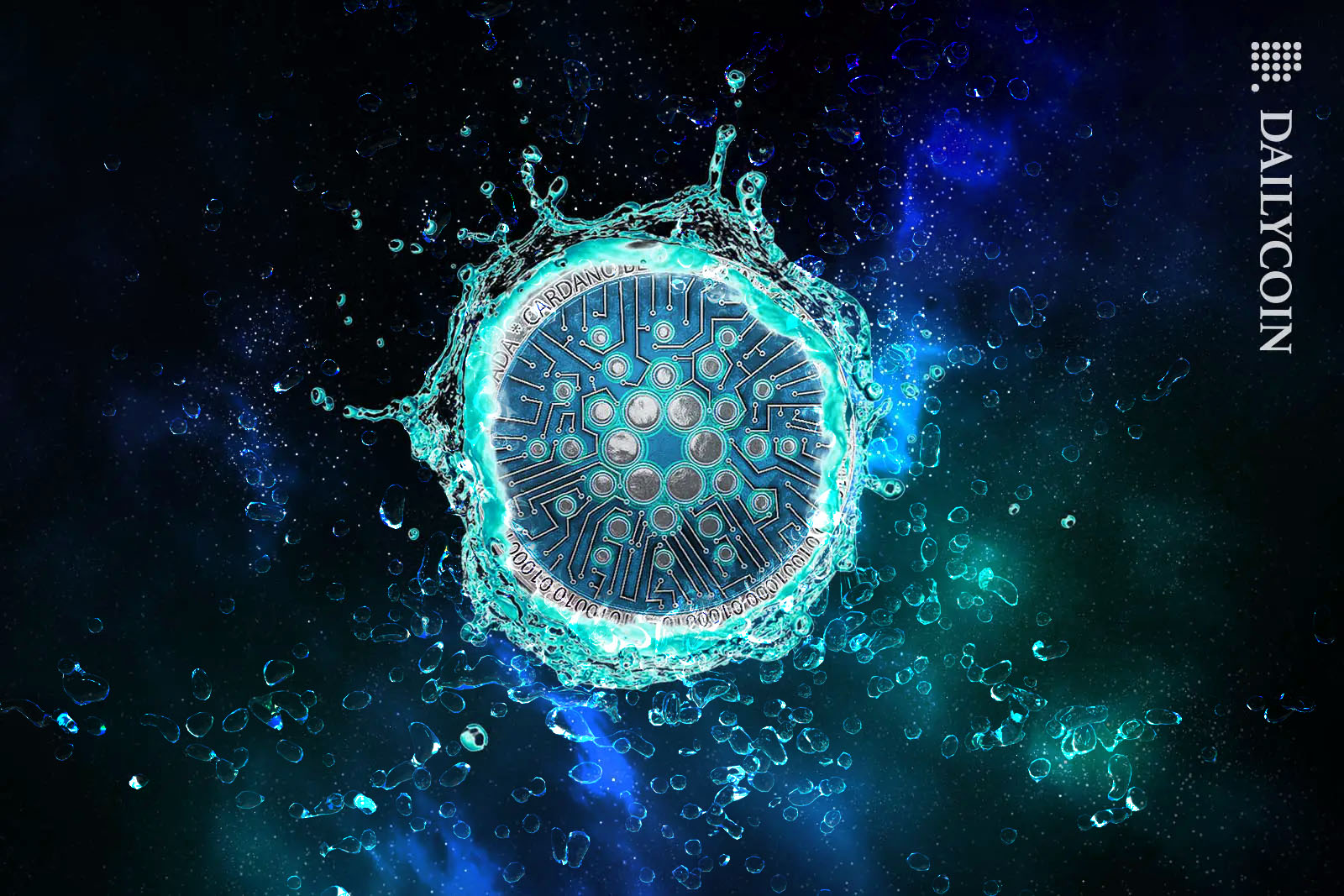 Cardano coin (ADA) floating in space surrounded by water.