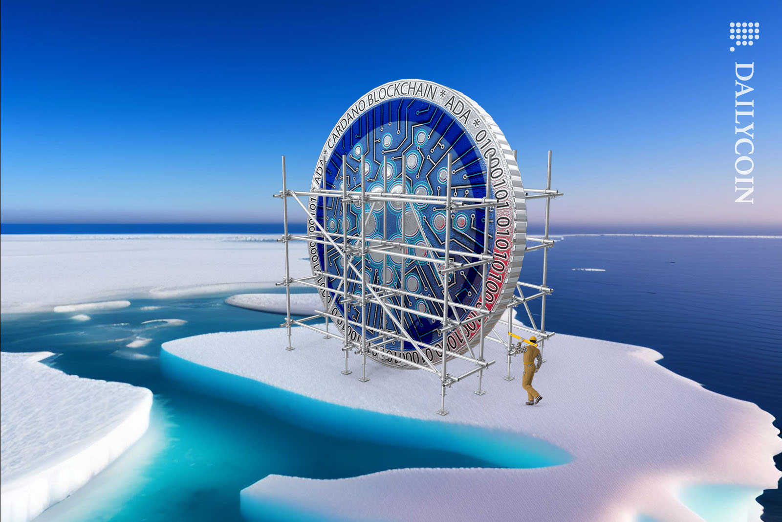 New Cardano stablecoin being constructed in an icey landscape, surrounded by scaffolding.