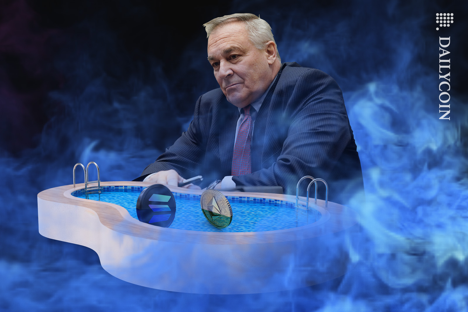 John Ray of FTX sitting and staring at a staking pool whilst surrounded by blue smoke.