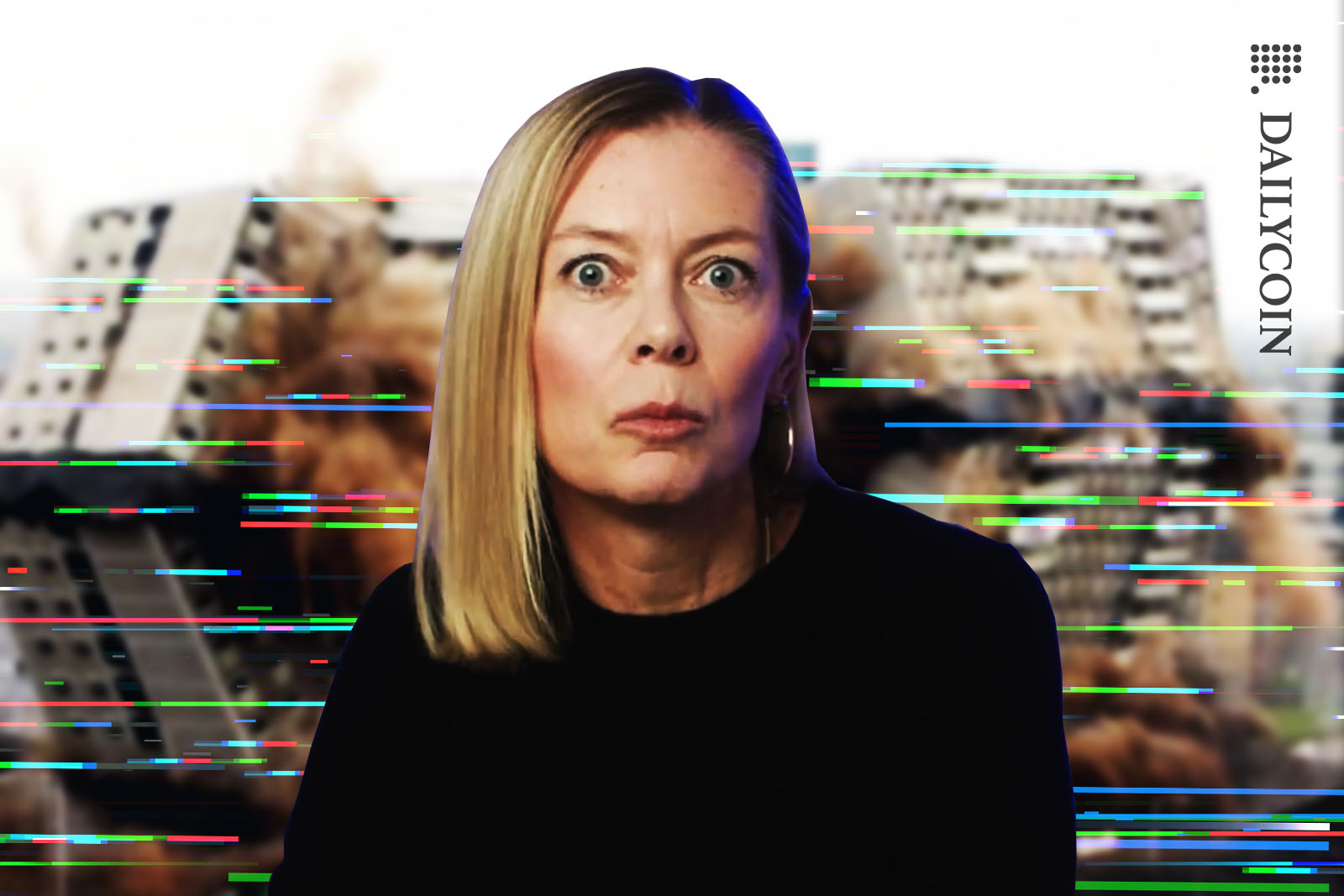 Kristina Campbell looking surprised in front of a collapsing building.