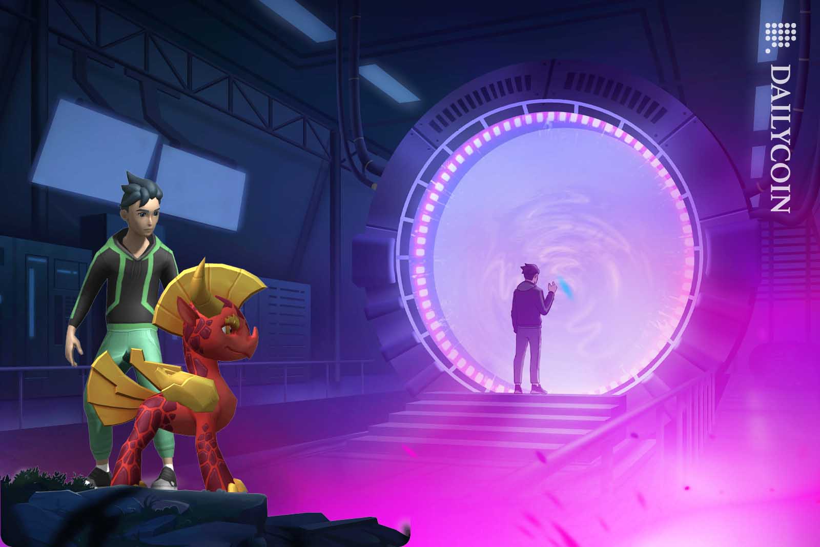 Kryptomon character entering a portal to start an adventure.