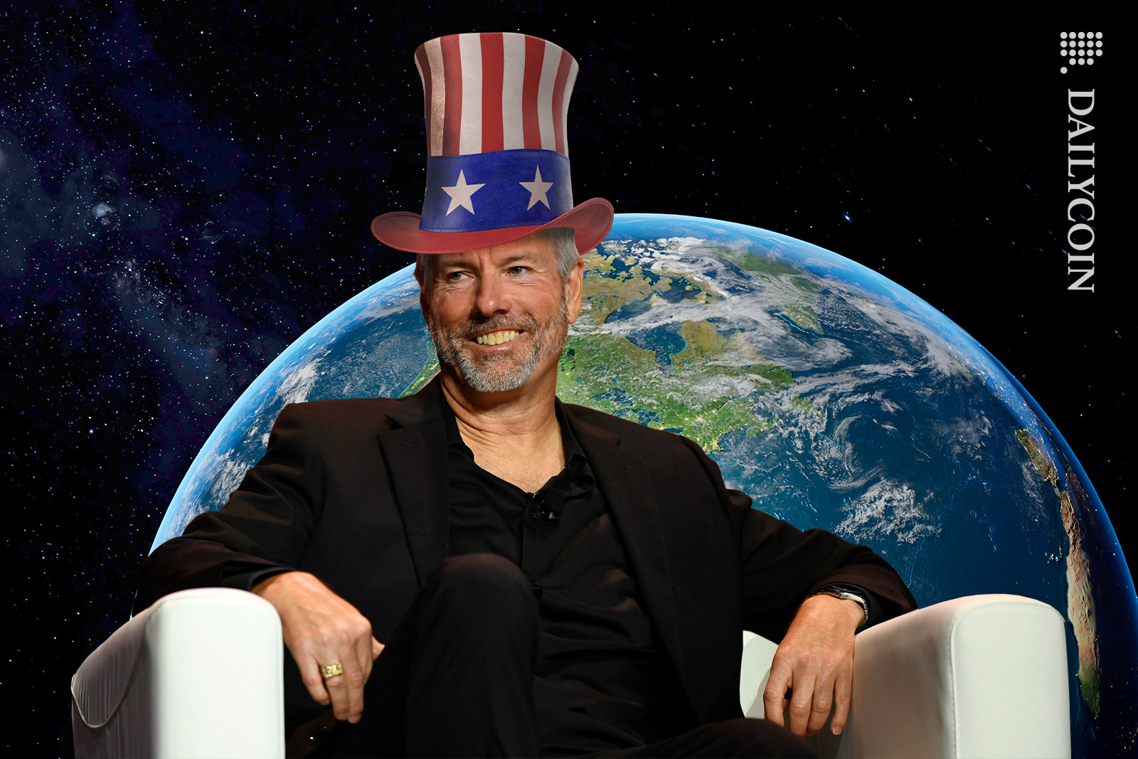 Michael Saylor sitting in an armchair wearing an "Uncle Sam" hat , in front of planet Earth.