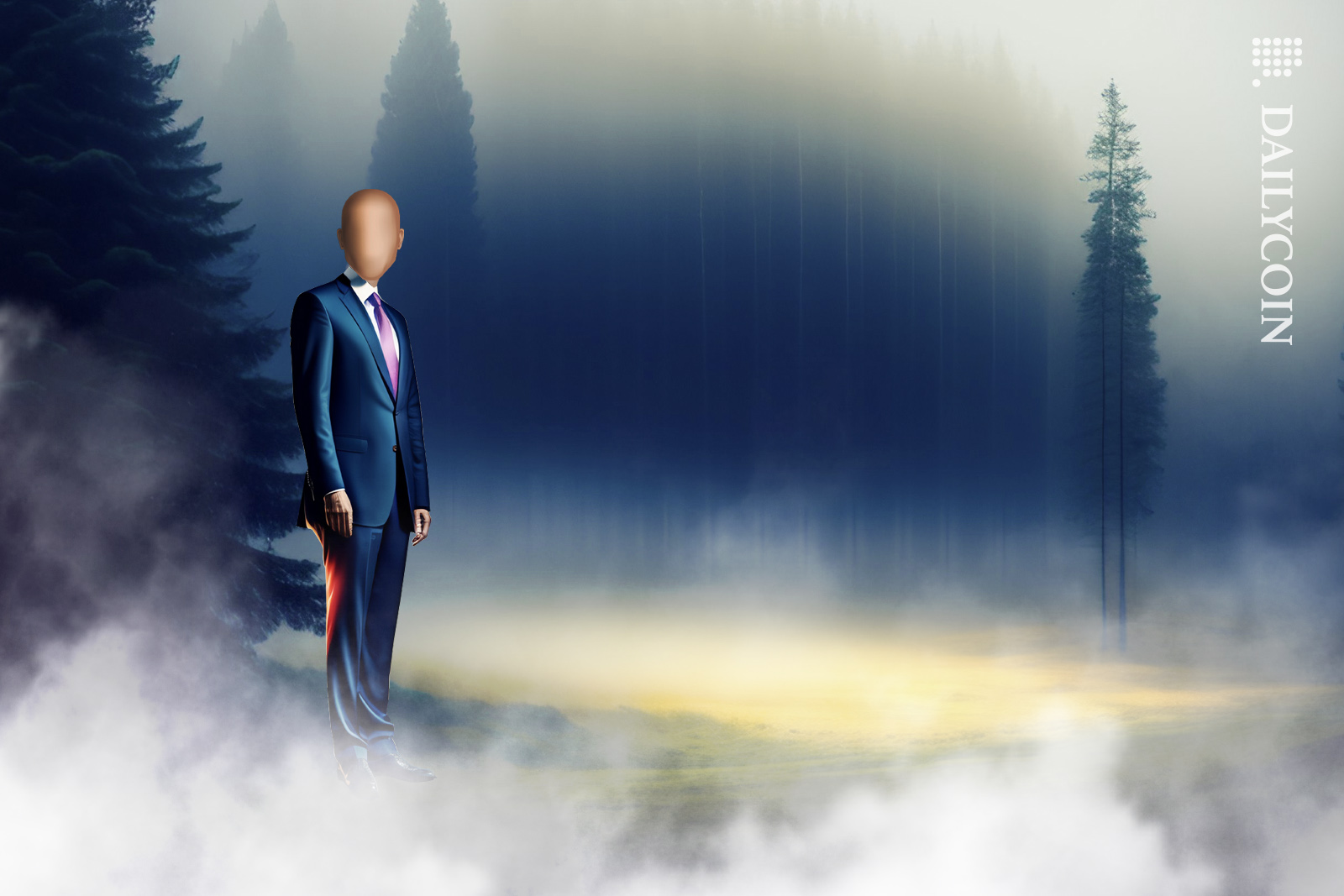 Mysterious faceless character wearing a suit, standing in a field surrounded by fog.