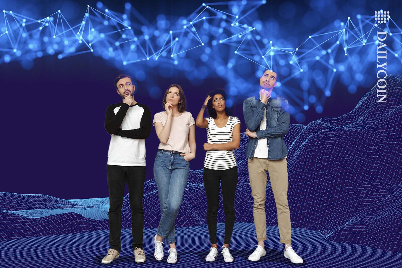 Four young adults thinking hard whilst looking up towards blockchain clouds.