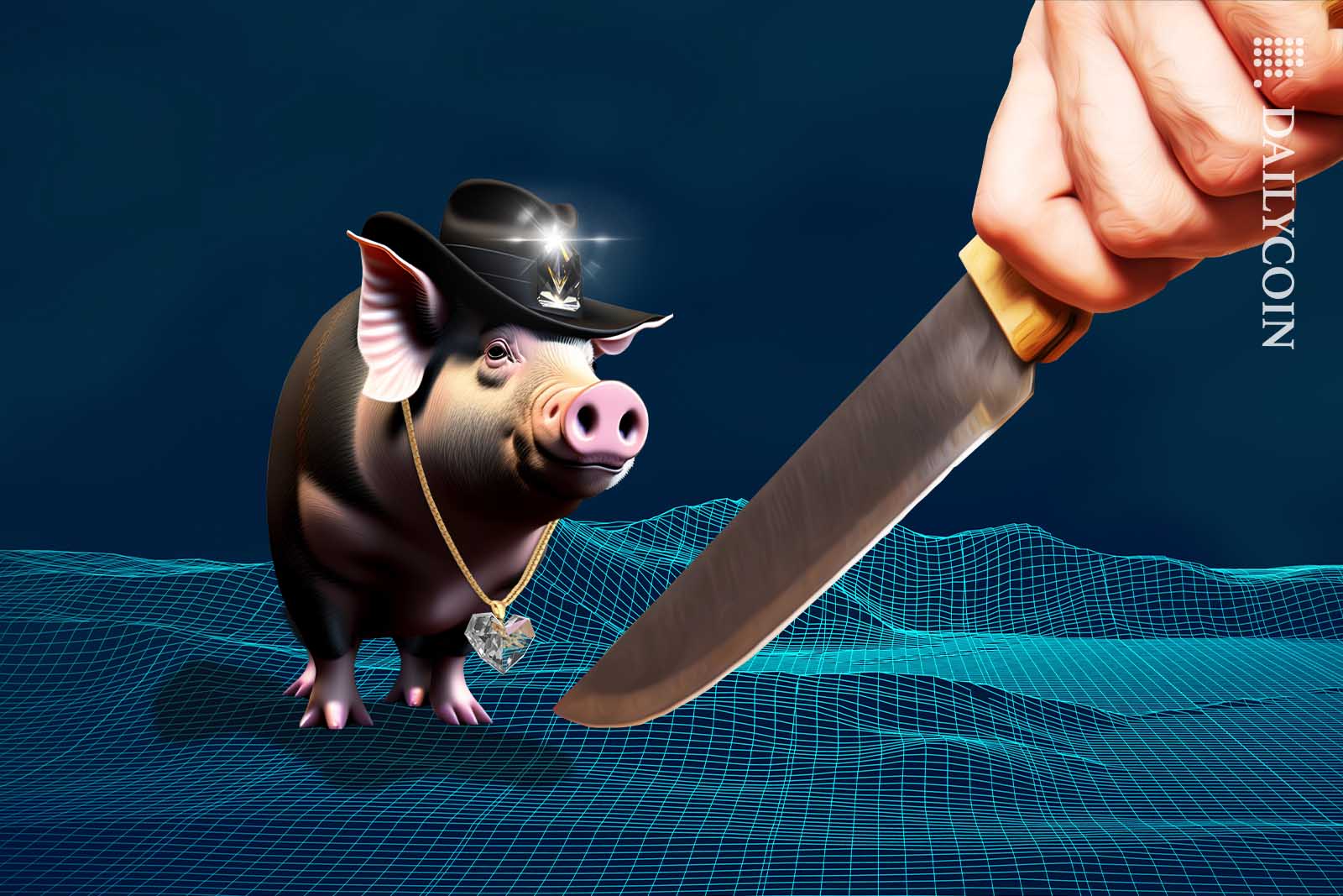 Rich looking pig facing a man with a big knife.
