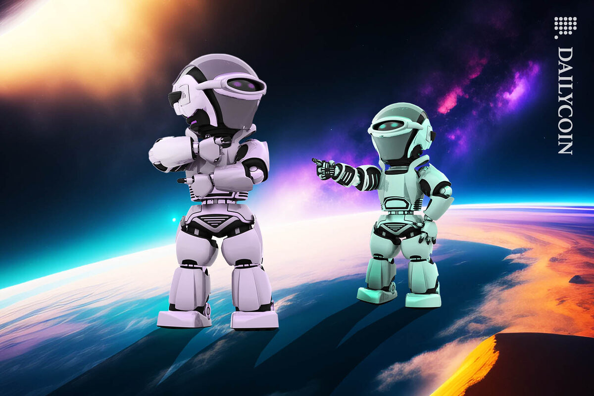 A robot pointing at another one.