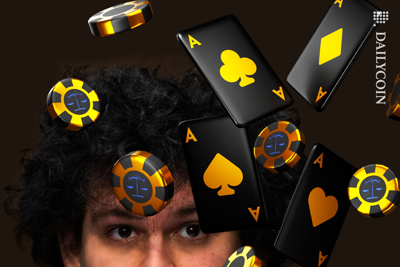 Sam Bankman Fried looking cards and casino chips floating in the air.