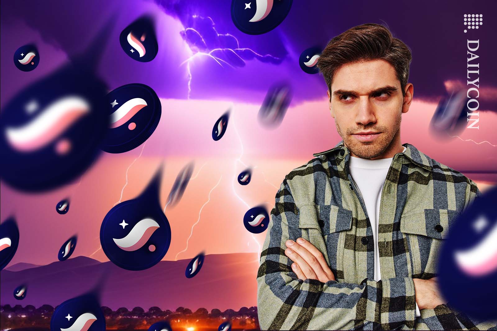 Man looking suspicious about a STRK coin shower.