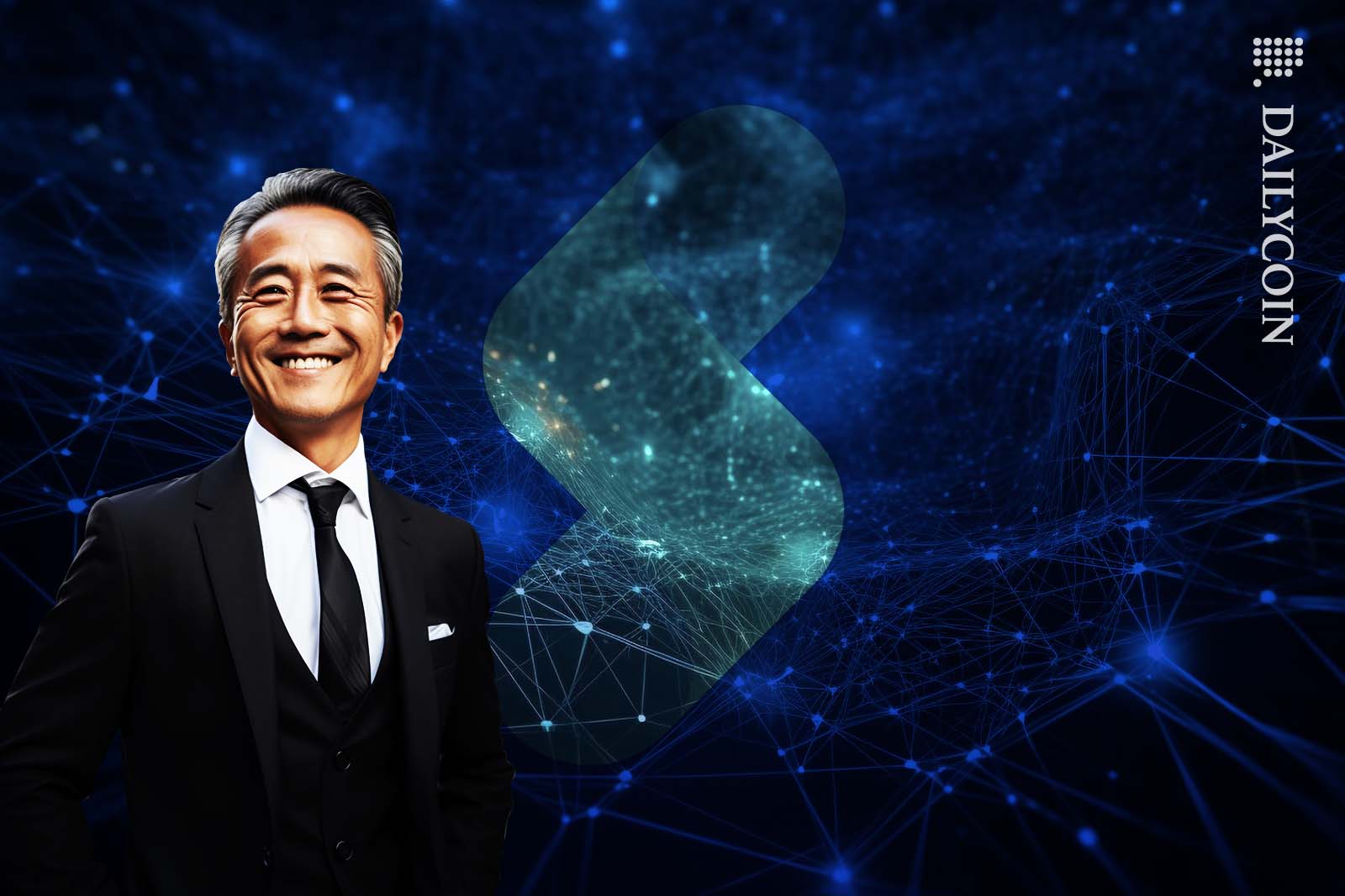 Asian banker looks very pleased infront of a Satang Exchange logo.