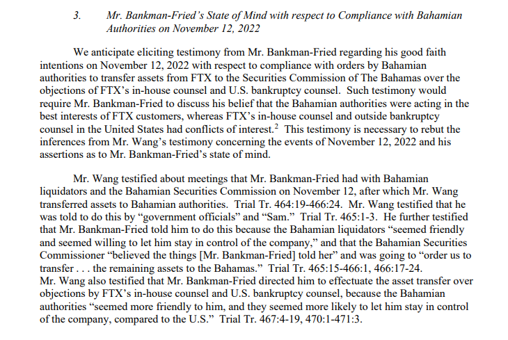 Excerpt of the letter addressed to Judge Kaplan by SBF's legal team.