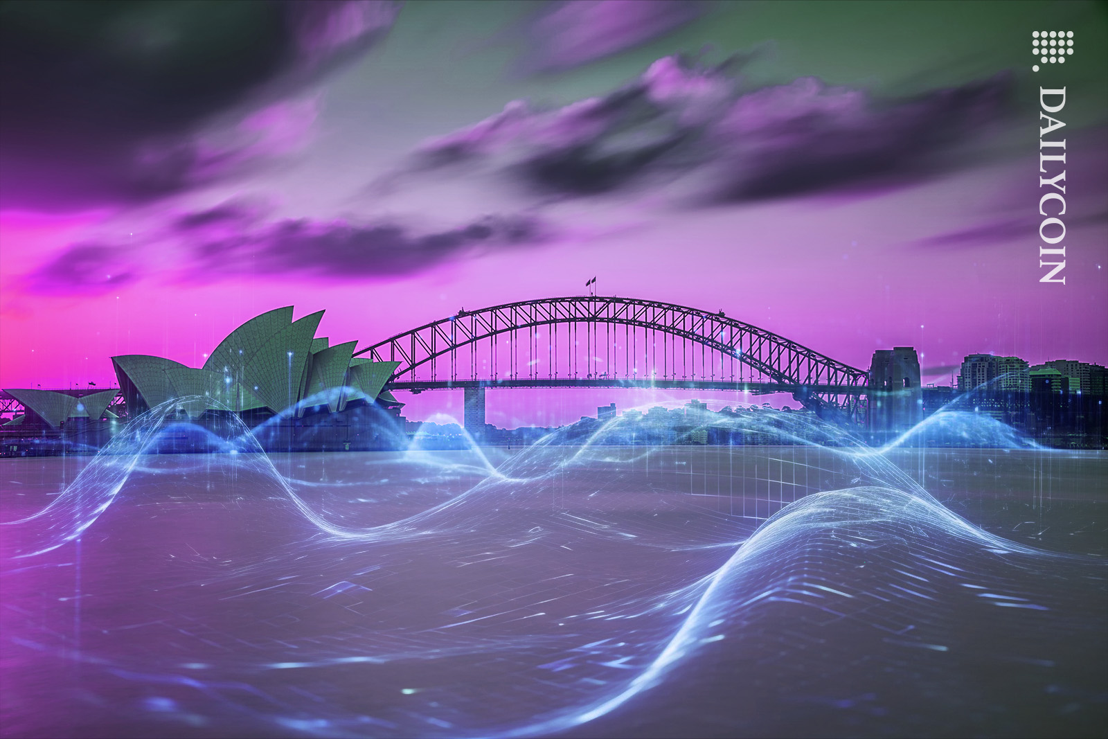Sydney Harbour with turbulant and stormy digital sea.