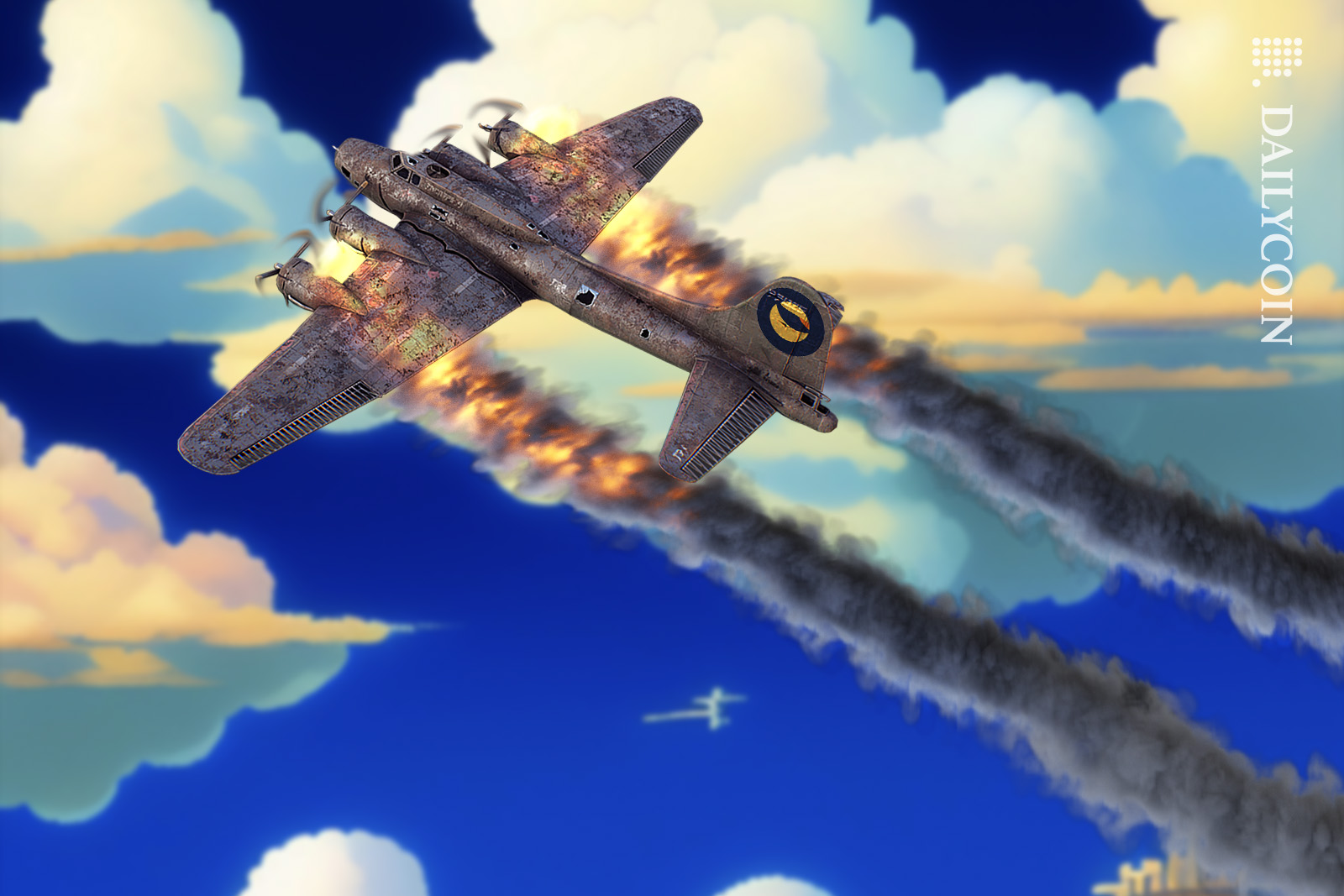 An old and rusy aeroplane flying upwards in the sky with smoke coming out of it.