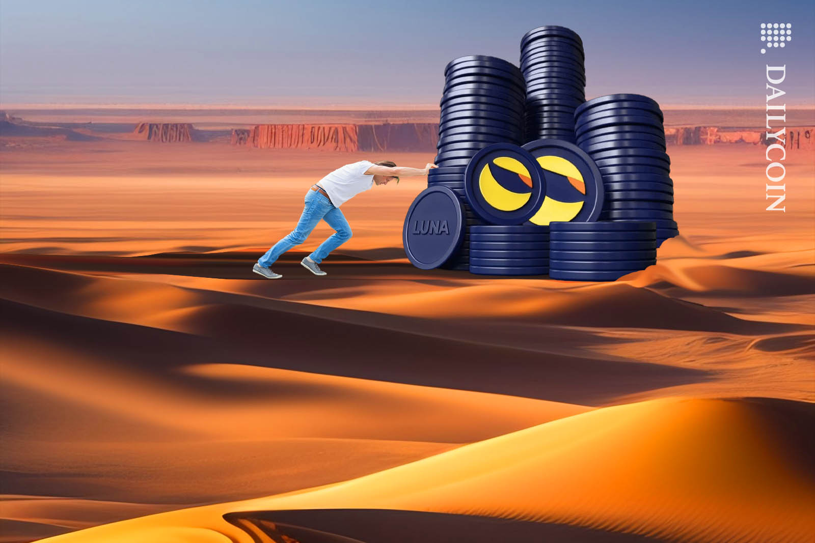 Man pushing a huge pile of Terra Luna coins through a desert.