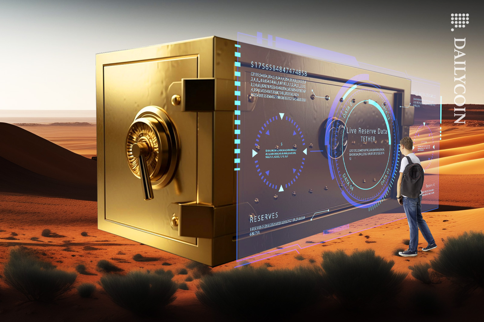 Guy with a backpack looking at digital data displayed infront of a big golden vault.