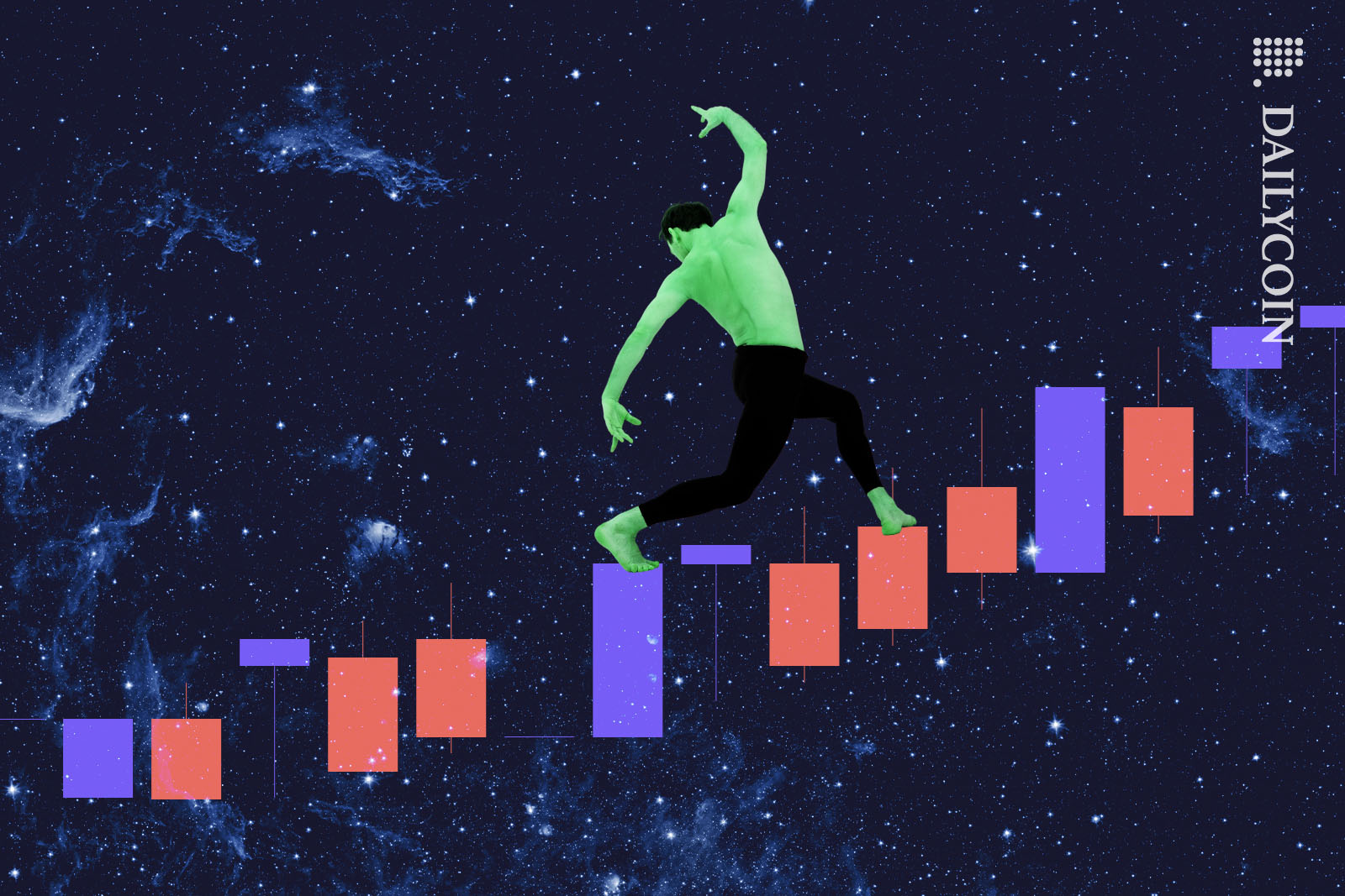 Male ballet dancer making his way up on a candle stick chart.