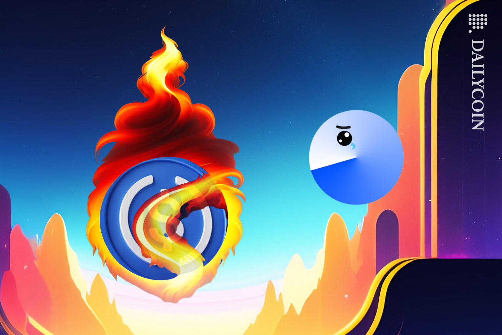 BASElogo being sad about burning USDC coin in a cartoony environment.