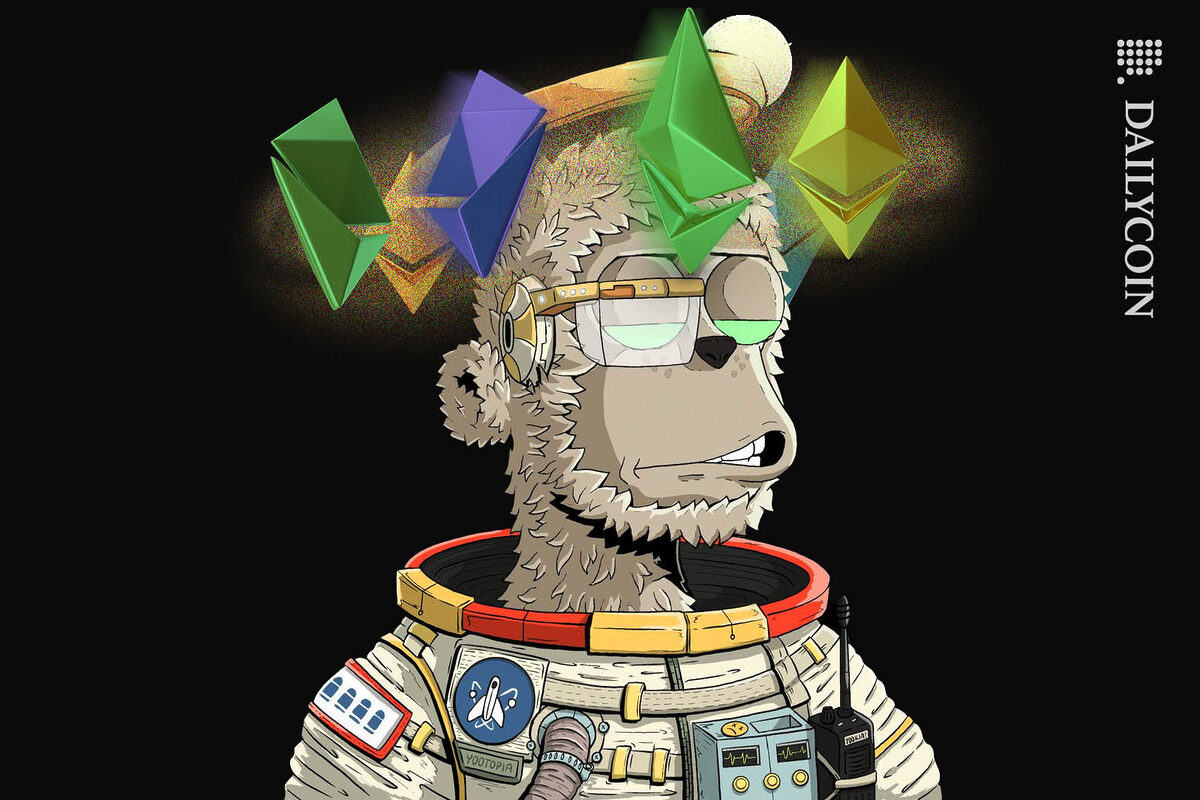 y00ts NFT character as Ethereum logos spinning around his head.