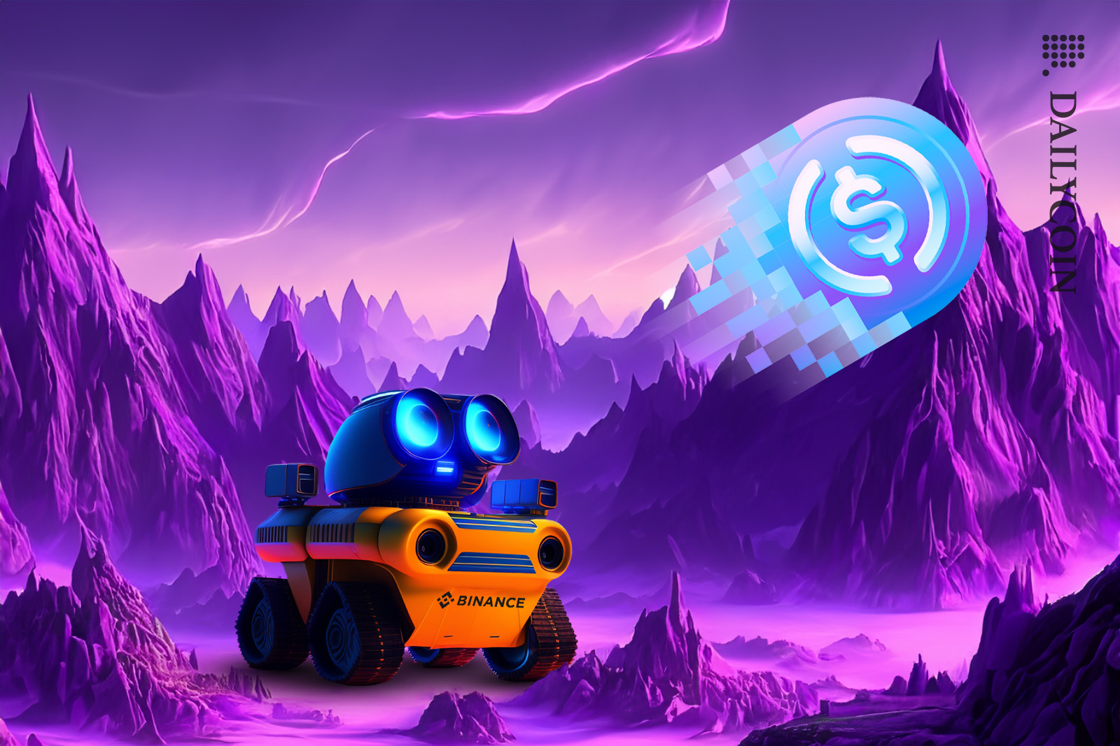 Binance robot sees a USDC coin shooting up in the sky in a purple mountain land.
